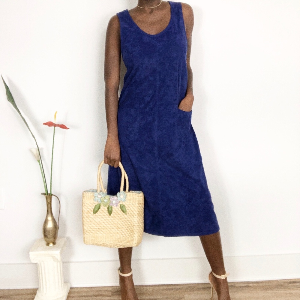 Vintage 80s Navy Blue Suede Button Midi Dress